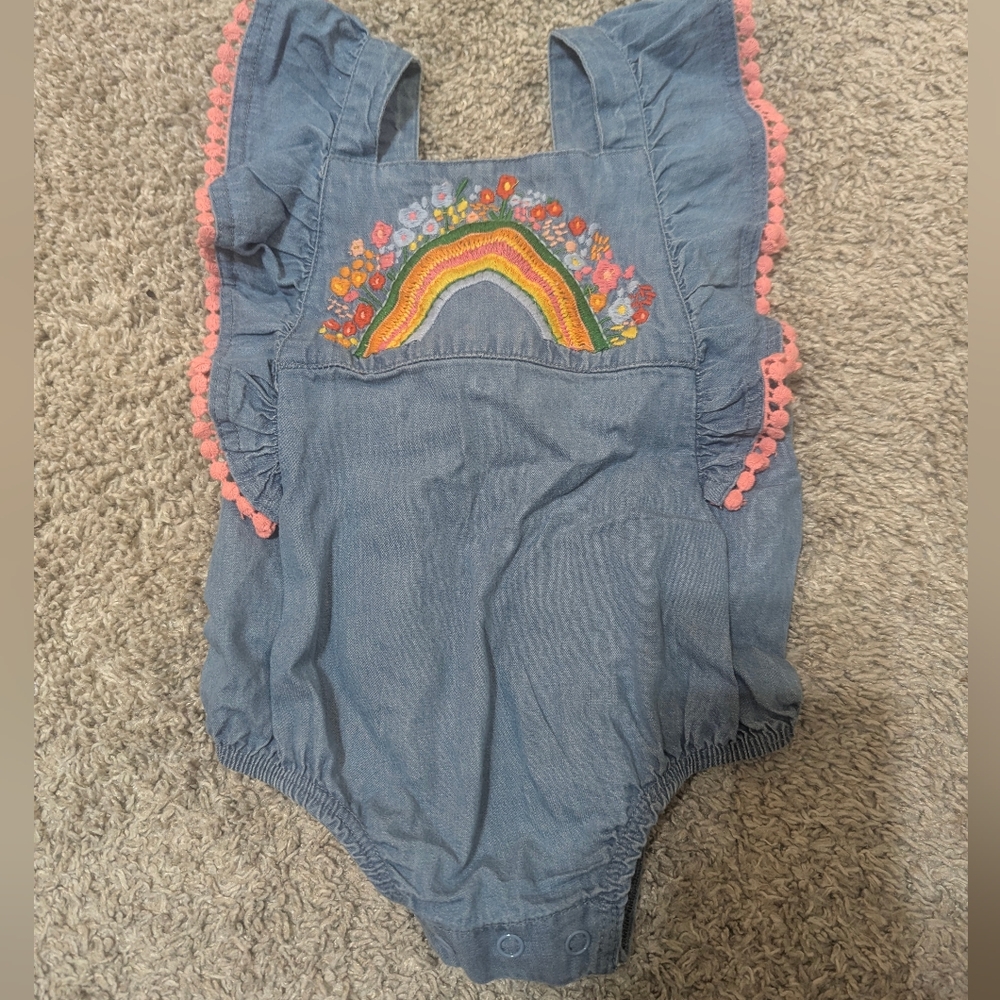 Mud Pie Rainbow Embroidered Romper with Pink Trim